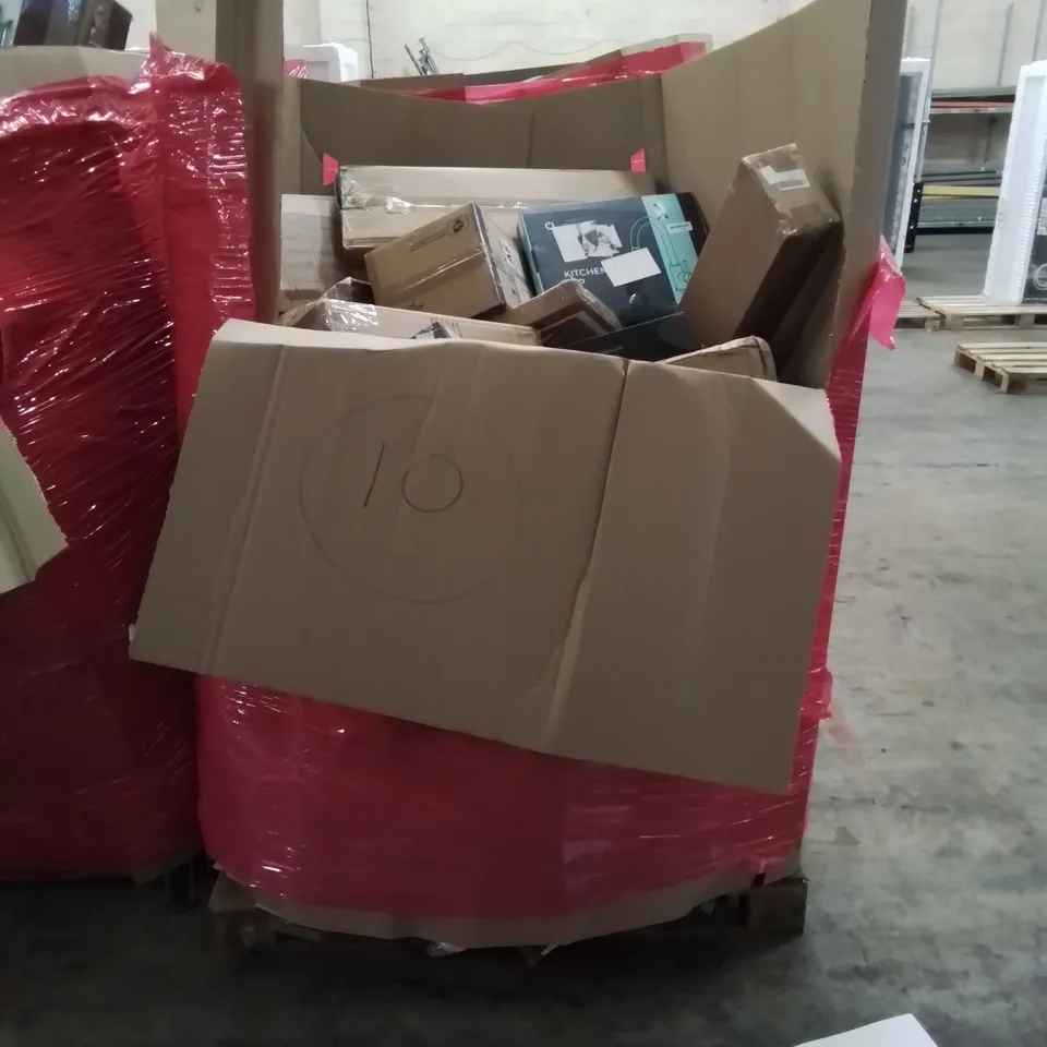 PALLET OF ASSORTED HOUSEHOLD ITEMS AND CONSUMER PRODUCTS TO INCLUDE; KITCHEN TAP, PIZZA STONE, LOTS OF BOXED FURNITURE ETC.