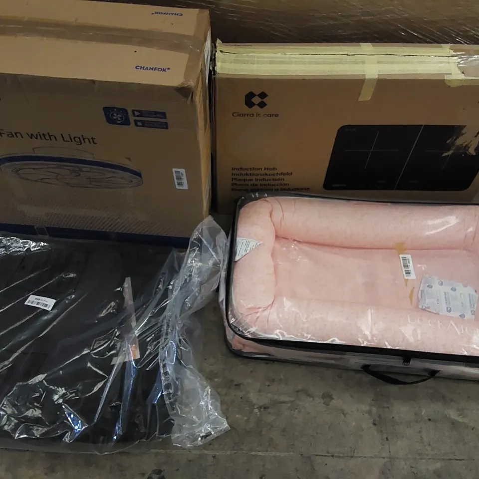 PALLET OF ASSORTED ITEMS INCLUDING: CEILING FAN, INDUCTION HOB, DOG CARRY BAG. PET BED