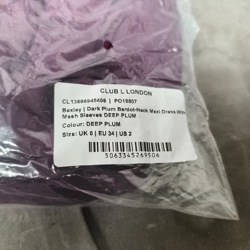  CLUB L LONDON DEEP PLUM BARDOT-NECK MAXI DRESS WITH MESH SLEEVES- UK SIZE 6