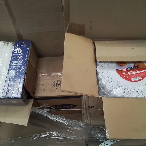 PALLET CONTAINING LARGE QUANTITY OF CANDLES, DOILIES, FOOD CONTAINERS ECT.