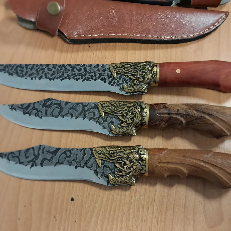 LOT OF 3 DECORATIVE KNIFES WITH WOODEN HANDLE AND SHEATH 