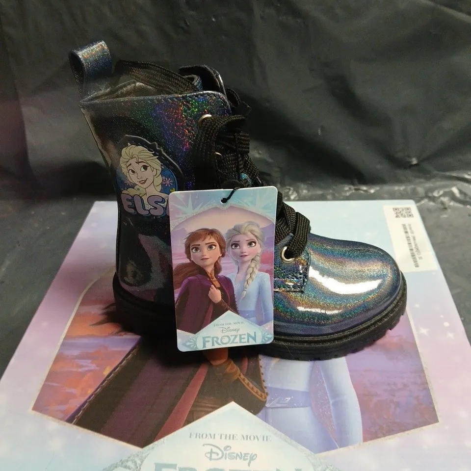 DISNEY FROZEN KIDS BOOTS – ANNA/ELSA PATCH, HOLOGRAPHIC BLACK FINISH SIZE 24