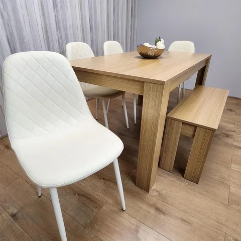 BOXED NYKAYLA 6 PERSON DINING SET - OAK WITH WHITE CHAIRS (4 BOXES)