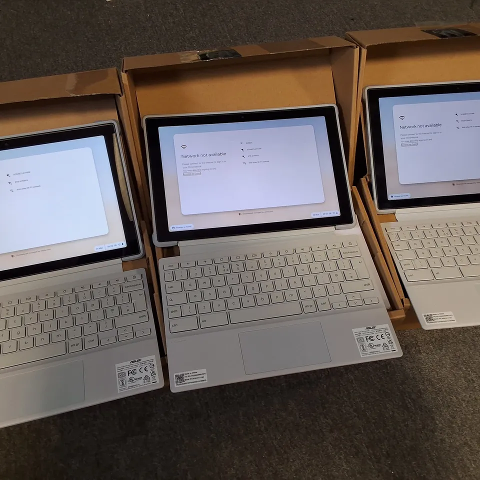 LOT OF 3 BOXED ASUS CHROMEBOOK TABLETS WITH DETACHABLE KEYBOARDS 