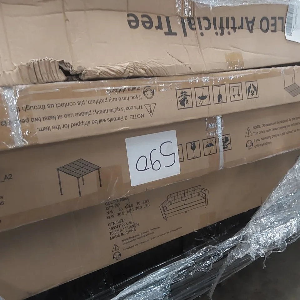 PALLET CONTAINING A LARGE QUANTITY OF ASSORTED CONSUMER PRODUCTS INCLUDING: MUSTAR DIGITAL PIANOS, ARTIFICIAL TREE, STORAGE CABINETS, SOFA PARTS ECT