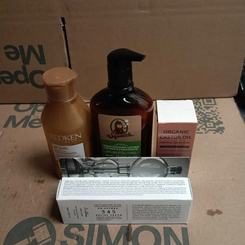 TOTE OF APPROXIMATELY 28 ASSORTED COSMETIC ITEMS TO INCLUDE DR ALTHEA RELIEF CREAM, DR SQUATCH MOISTURIZING LOTION, REDKEN SHAMPOO, CASTOR OIL ETC