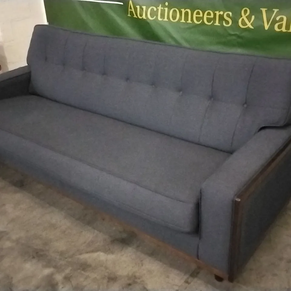 QUALITY BRITISH DESIGNED & MANUFACTURED G PLAN VINTAGE 59 LARGE SOFA TONIC CHARCOAL FABRIC SOFA WITH WOOD FINISH 