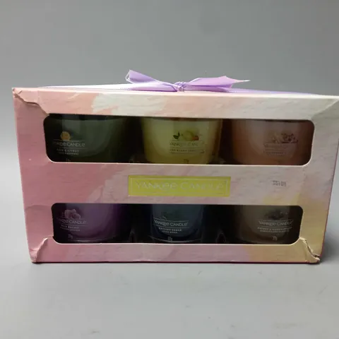BOXED YANKEE CANDLE GIFT SET; 6 SCENTED FILLED VOTIVE CANDLES IN GIFT BOX