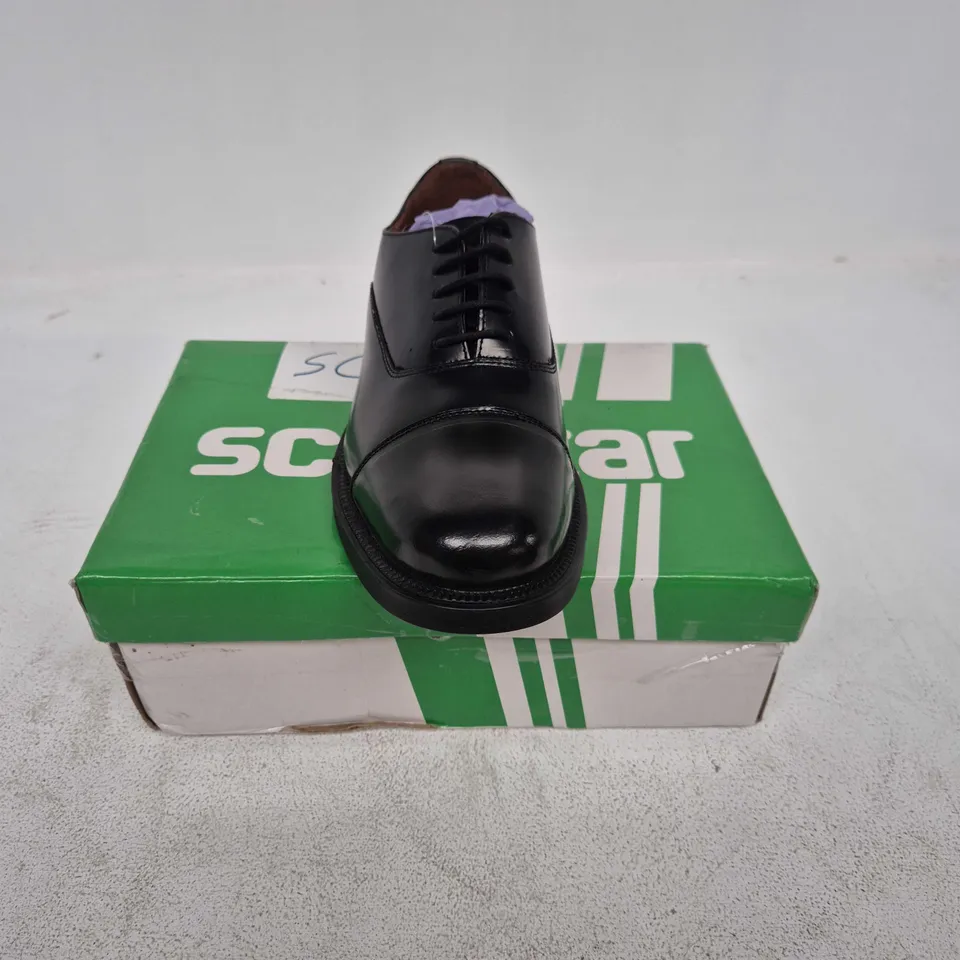 BOXED PAIR OF SCIMITAR CAPPED OXFORD CADET SHOES IN BLACK - SIZE 6