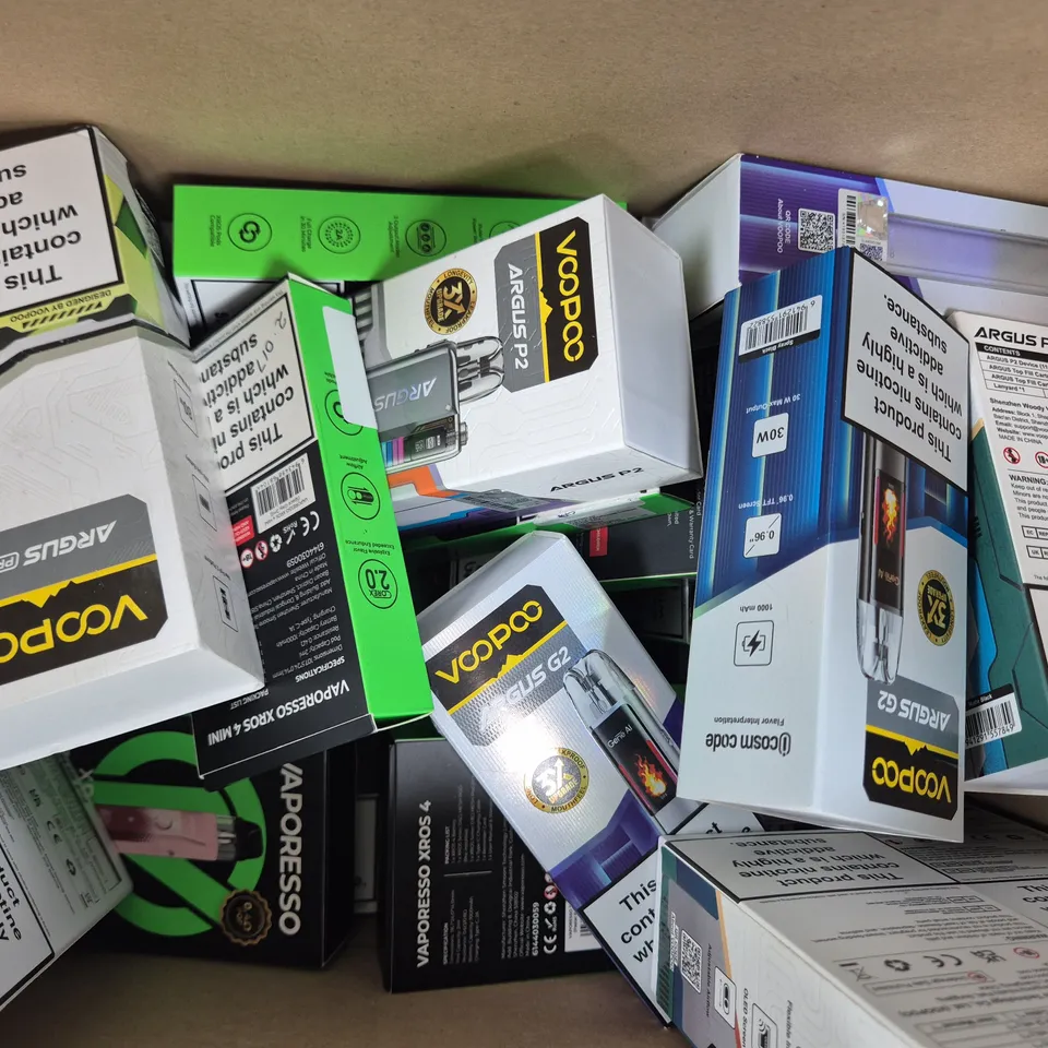 BOX OF APPROXIMATELY 20 ASSORTED VAPING ITEMS AND PRODUCTS TO INCLUDE VAPORESSO, VOOPOO, ETC