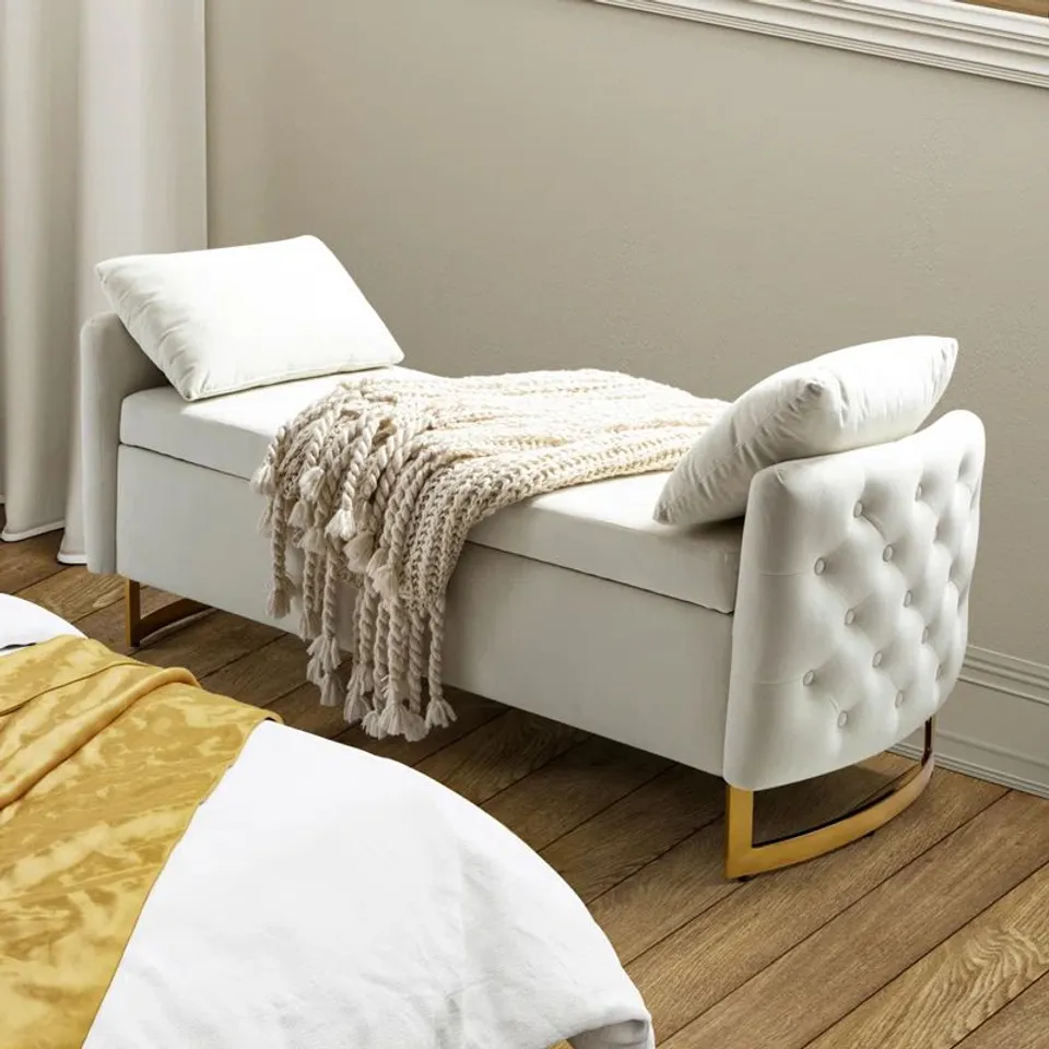 BOXED AGEET VELVET UPHOLSTERED STORAGE BENCH - IVORY