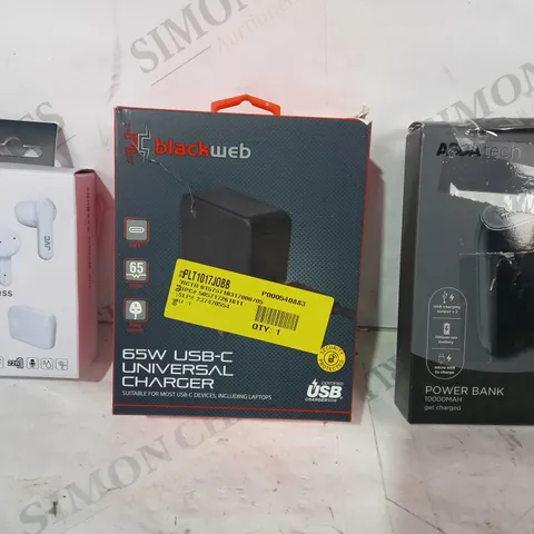 BOX OF APPROXIMATELY 20 ASSORTED ELECTRICAL ITEMS TO INCLUDE ASDA TECH POWER BANK, BLACKWEB USB-C UNIVERSAL CHARGER, JVC TRUE WIRELESS EARBUDS, ETC