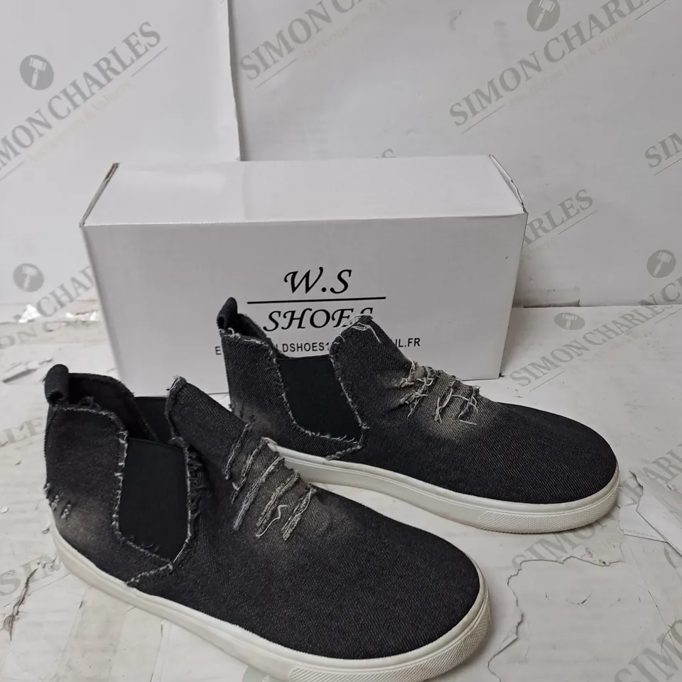 APPROXIMATELY 10 PAIRS  OF BOXED W.S SLIP ON BLACK DISTRESSED FLAT TRAINERS IN VARIOUS SIZES
