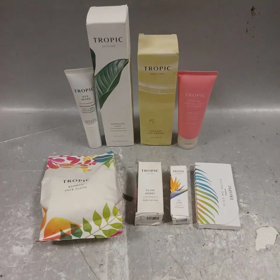 TROPIC SKINCARE LOT OF 8 ASSORTED COSMETIC PRODUCTS TO INCLUDE - AWAKEN THE SENSES LUXURY BODY OIL - MORNING MIST TONING ESSENCE - GLOW BERRY BRIGHTENING SERUM - ETC