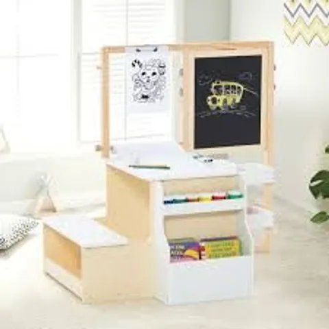 BOXED COSTWAY WHITE KIDS ART EASEL TABLE AND BENCH SET WITH BOOKSHELF