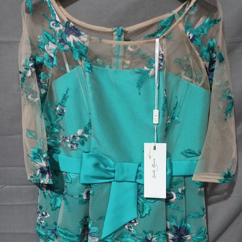 CARLA RUIZ MESH SLEEVE FLORAL DRESS IN GREEN MULTI - UK 14