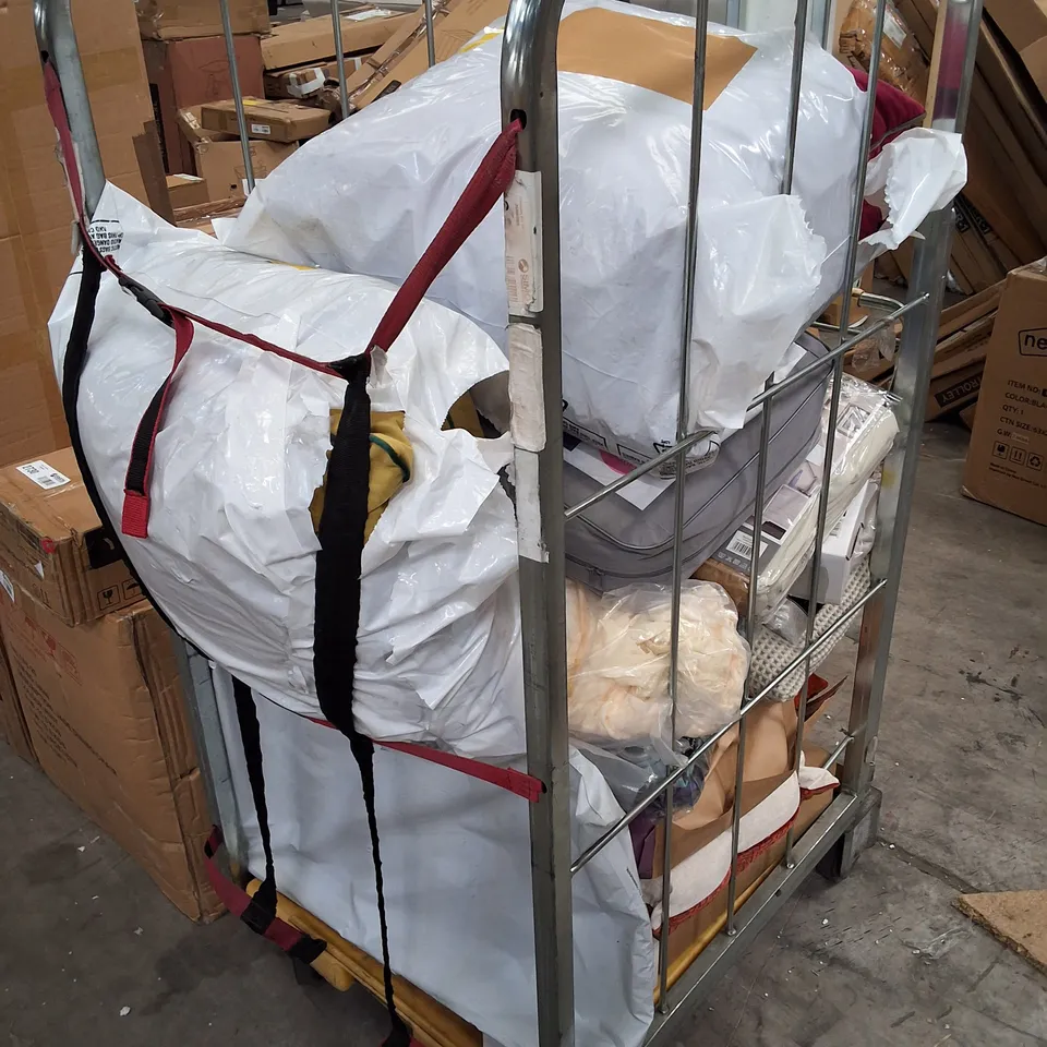 CAGE CONTAINING ASSORTED PRODUCTS INCLUDING CURTAINS, CUSHIONS & DUVET
