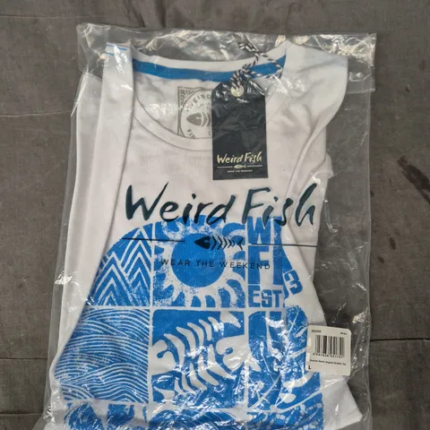WEIRD FISH SUMMER SECTOR ORGANIC GRAPHIC T-SHIRT IN WHITE/BLUE SIZE LARGE