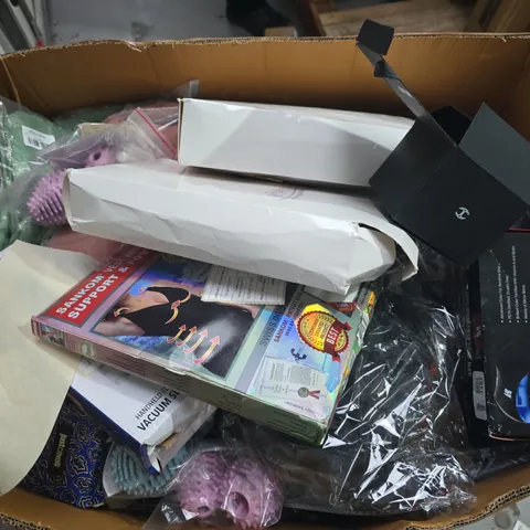 BOX OF APPROXIMATELY 40 ASSORTED ITEMS TO INCLUDE - CLOTHING ITEMS , VACUUM SEALER , GEL POLISH KIT , ETC - COLLECTION ONLY 