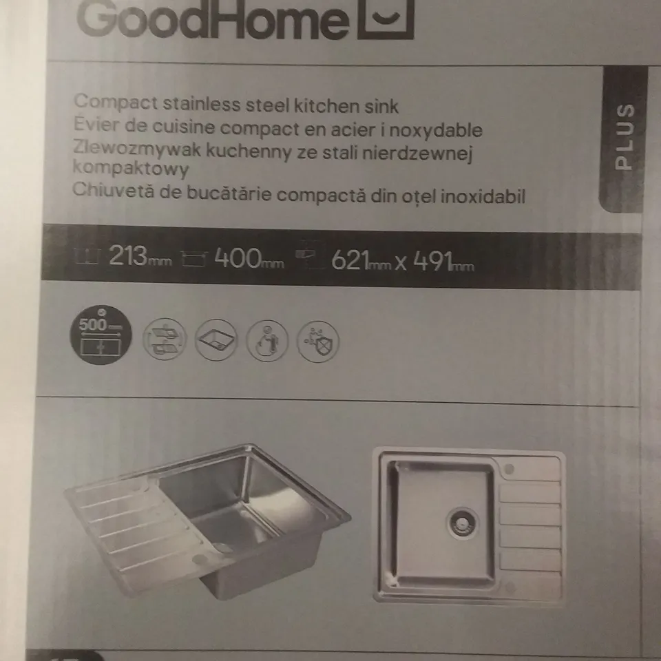 BOXED GOODHOME COMPACT COMPACT STAINLESS STEEL KITCHEN SINK - CHROME 62.1 X 49.1