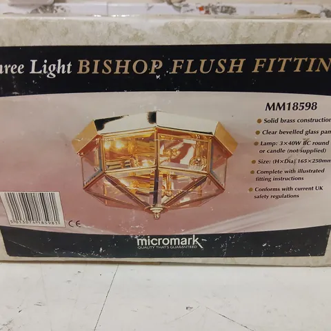 MICROMARK THREE LIGHT BISHOP FLUSH FITTING – BRASS & BEVELLED GLASS