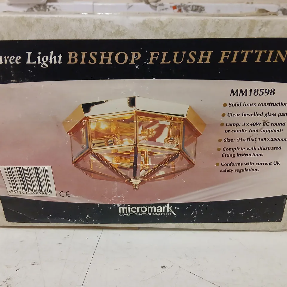 MICROMARK THREE LIGHT BISHOP FLUSH FITTING – BRASS & BEVELLED GLASS