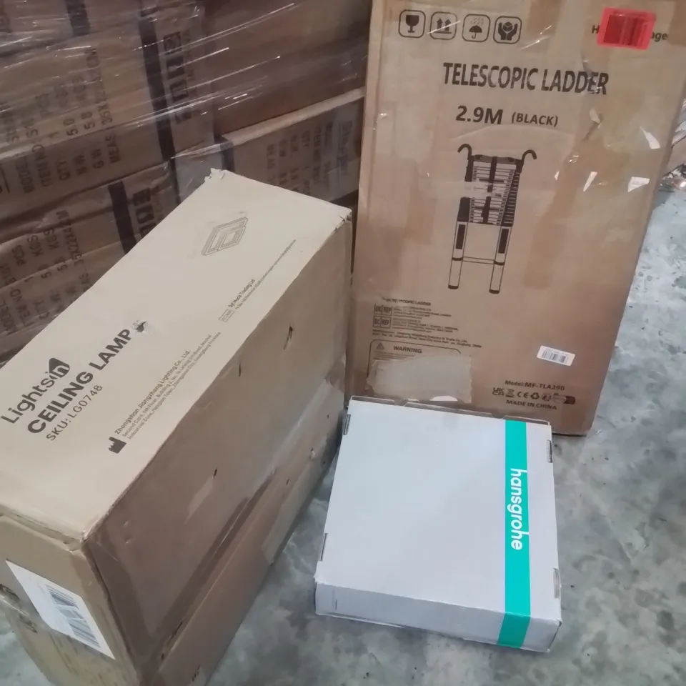 PALLET OF ASSORTED HOUSEHOLD GOODS AND PRODUCTS TO INCLUDE;CEILING LAMP, SHOWER HEAD,TELESCOPIC LADDER, SKATE BOARD AND OTHER ASSORTED ITEMS...