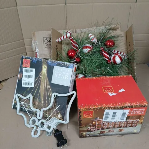 BOX OF APPROXIMATELY 5 ASSORTED HOUSEHOLD ITEMS TO INCLUDE - HOLLY WALL MOUNTED LIGHT - GINGERBREAD EXPRESS TRAIN DECORATION - CANDY CANE WREATH - ETC 