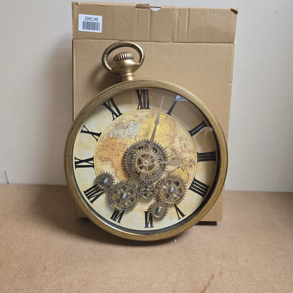 BRASS-TONE GEAR WALL CLOCK WITH WORLD MAP DIAL