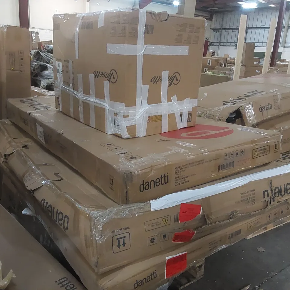 PALLET CONTAINING A LARGE QUANTITY OF ASSORTED DESIGNER DANETTI FURNITURE PARTS INCLUDING: TABLE PARTS, BED PARTS ECT