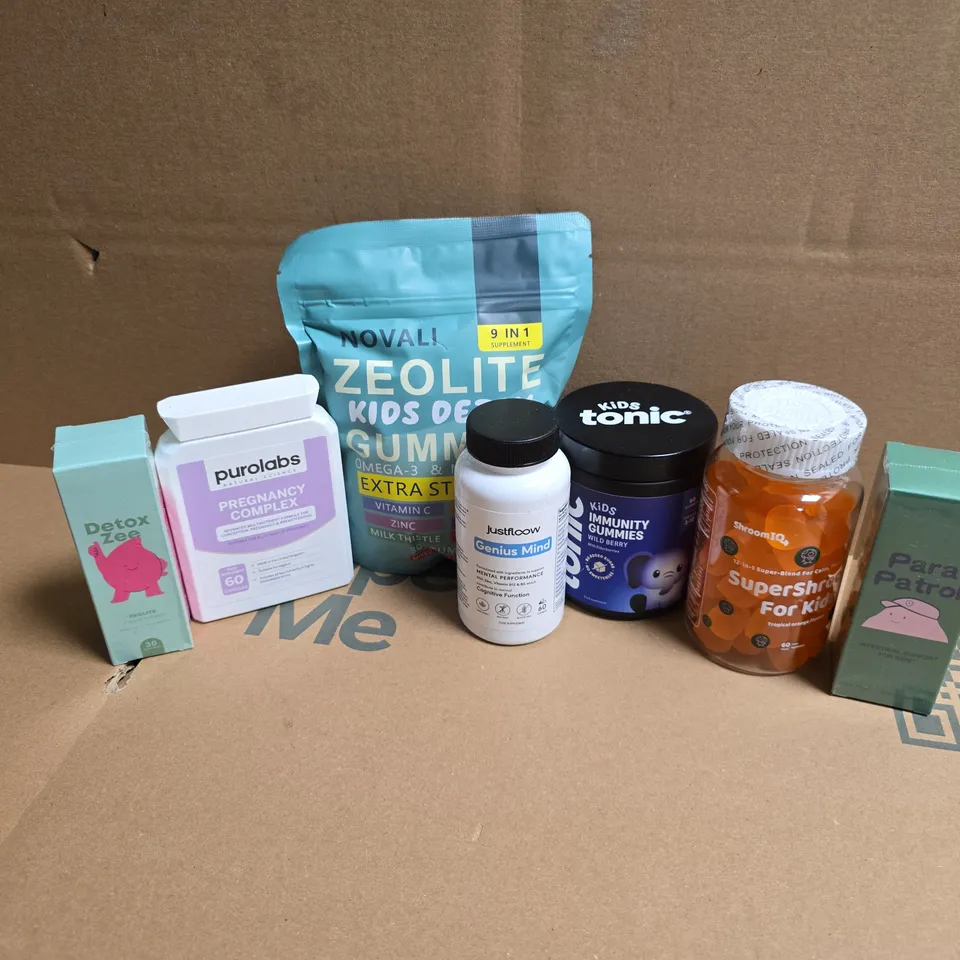 APPROXIMATELY 12 ASSORTED VITAMIN/HEALTH AID PRODUCTS TO INCLUDE SUPERSHROOMS FOR KIDS, TONIC KIDS IMMUNITY GUMMIES, JUSTFLOOW GENIUS MIND, ETC - COLLECTION ONLY