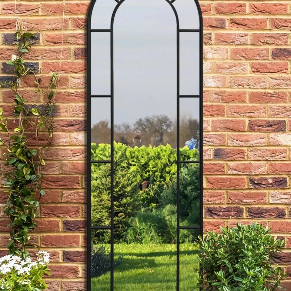 BOXED THE ARCUS - BLACK FRAMED ARCHED LEANER GARDEN WALL MIRROR 170CM X 60CM