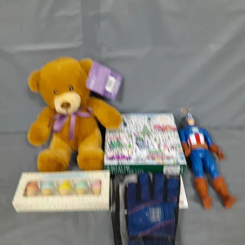 LARGE BOX OF APROXIMATELY 10 ASSORTED TOYS AND GAMES TO INCLUDE TEDDIES, FIGURES AND JIGSAWS