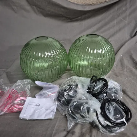 PAIR OF GREEN RIBBED GLASS PENDANT LIGHT SHADES WITH FITTINGS