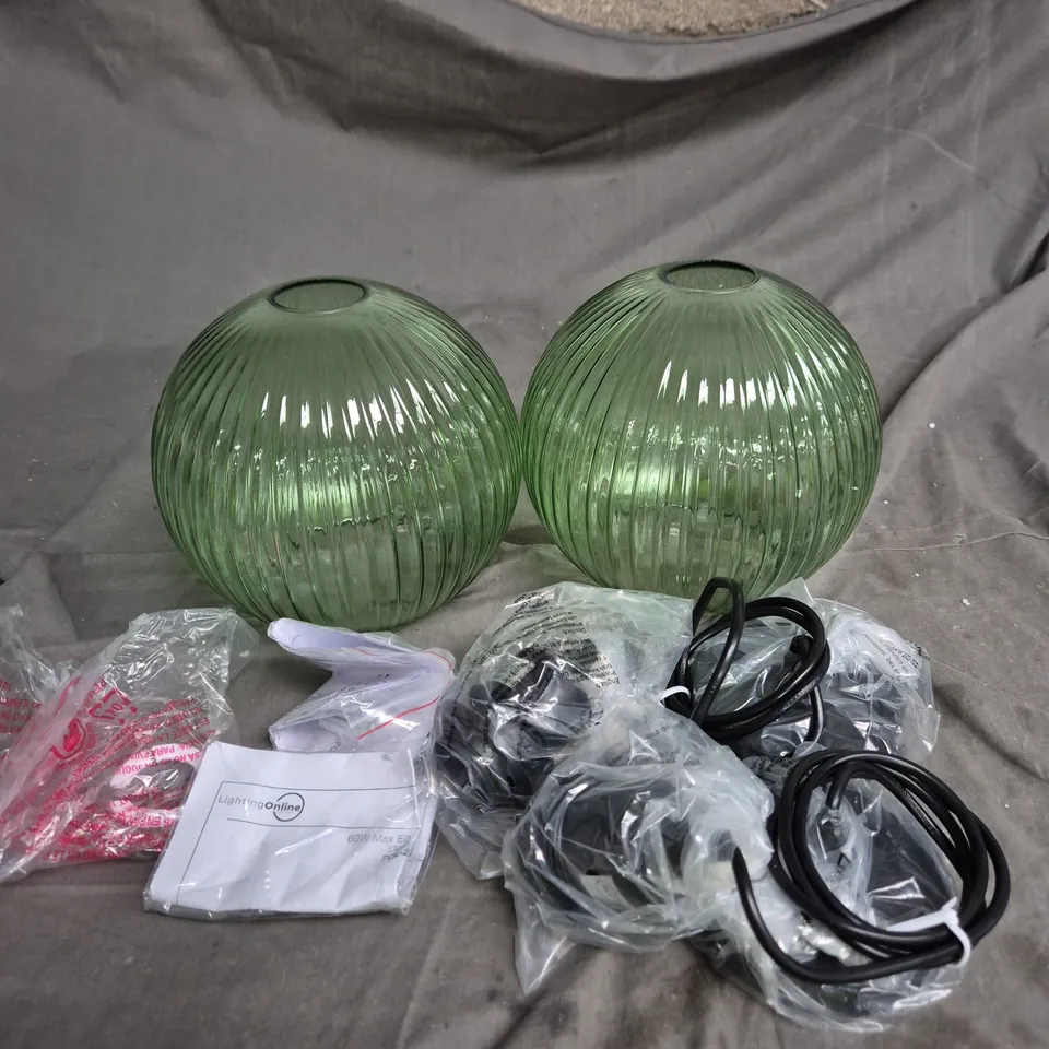 PAIR OF GREEN RIBBED GLASS PENDANT LIGHT SHADES WITH FITTINGS