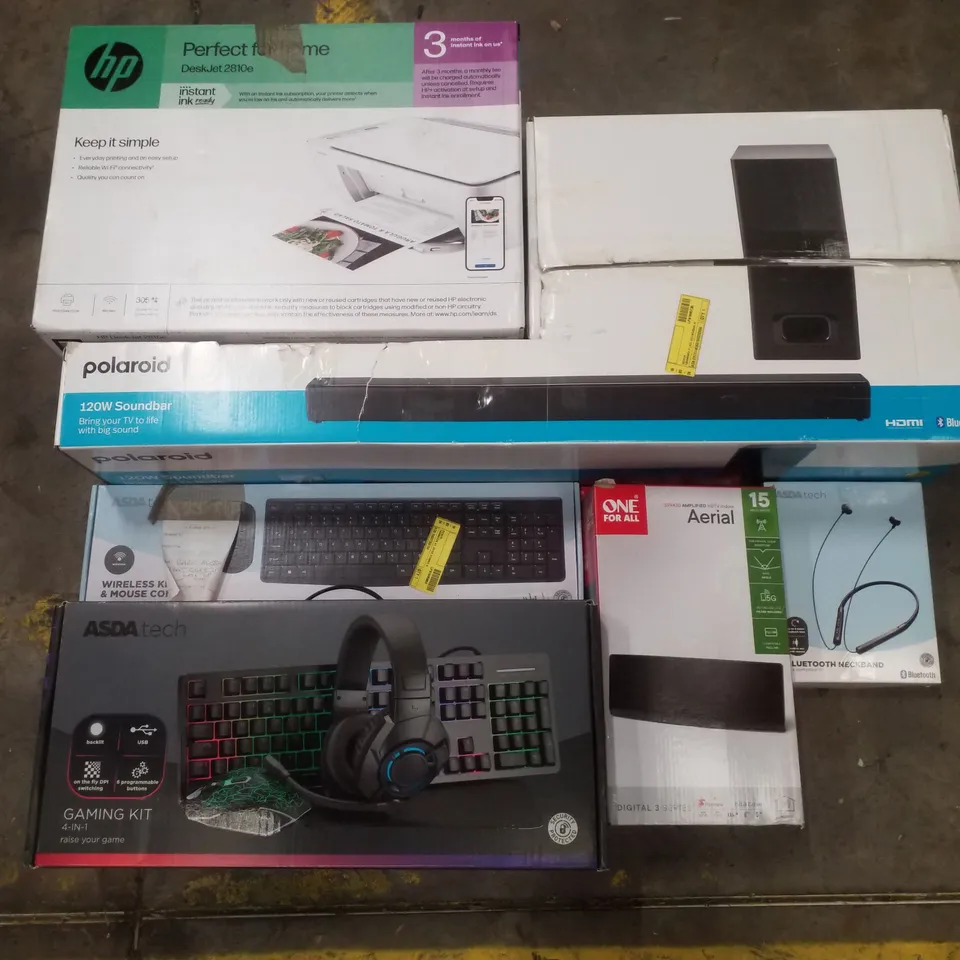PALLET CONTAINING ASSORTED ELECTRICAL RETURNS INCLUDING HP DESKJET2810E PRINTER, POLAROID 120W SOUNDBAR, WIRELESS KEYBOARD, AERIAL, BLUETOOTH NECKBAND, GAMING KIT