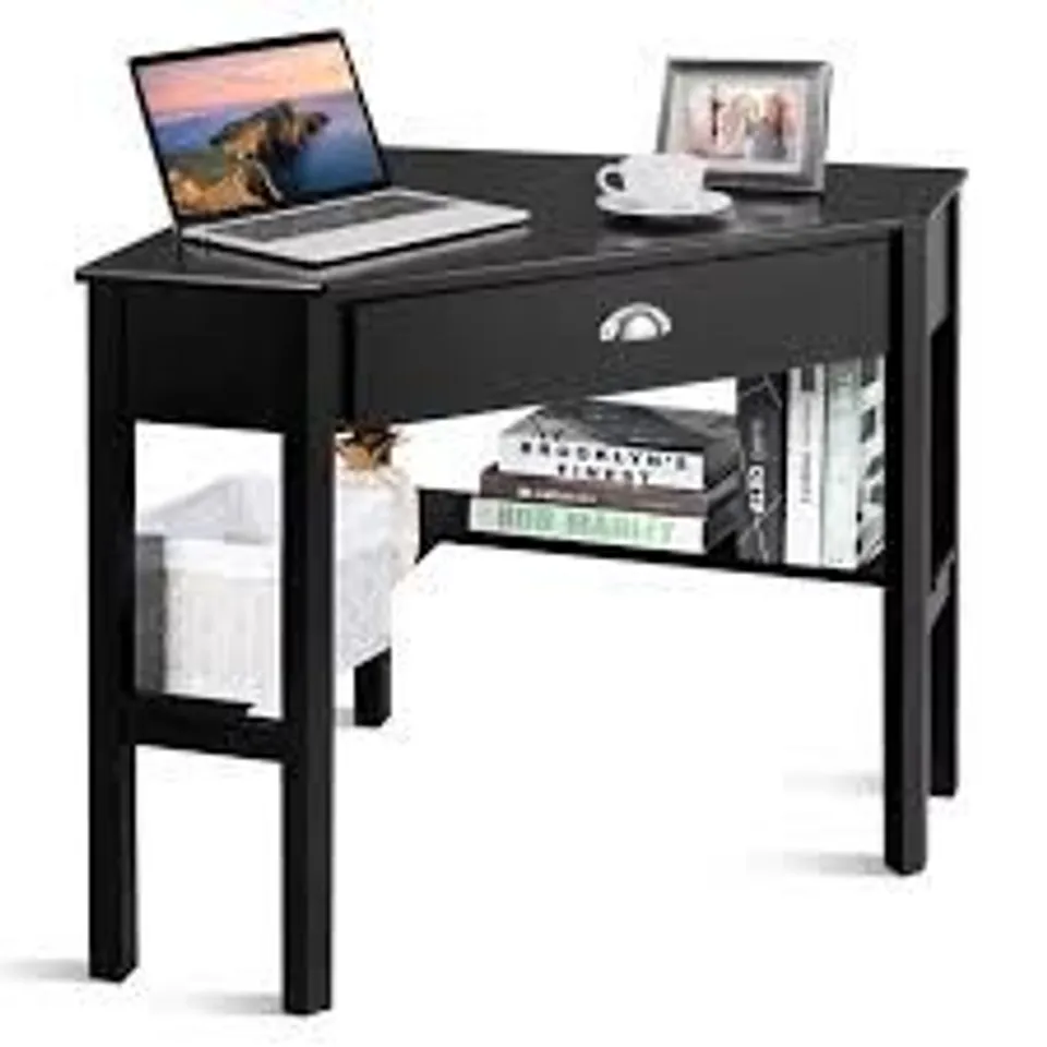 BOXED COSTWAY TRIANGLE COMPUTER DESK CORNER OFFICE DESK LAPTOP TABLE WITH DRAWER SHELVES