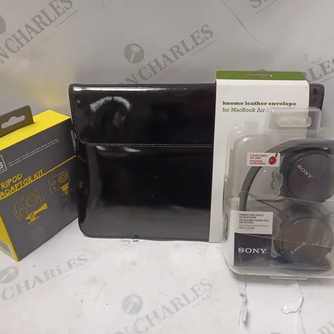 APPROXIMATELY 20 ASSORTED ITEMS TO INCLUDE KAISER BASS TRIPOD ADAPTER KIT, KNOMO LEATHER ENVELOPE FOR MACBOOK AIR 11", SONY MDR-ZX310 HEADPHONES, ETC