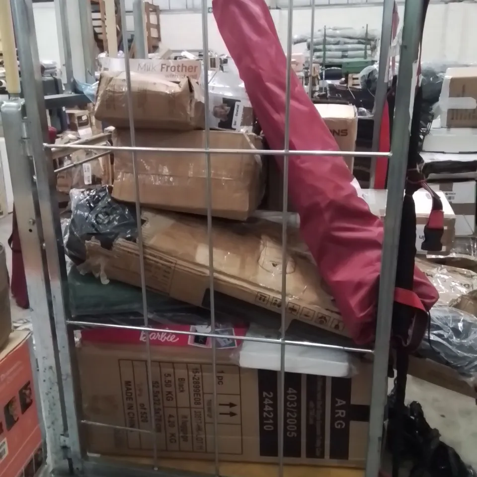 CAGE OF ASSORTED HOUSEHOLD GOODS AND PRODUCTS TO INCLUDE;CAMPING CHAIR,SUITCASE,FOAM FILLER,SHOERACK,PEPPER PIG DRAWING PAD