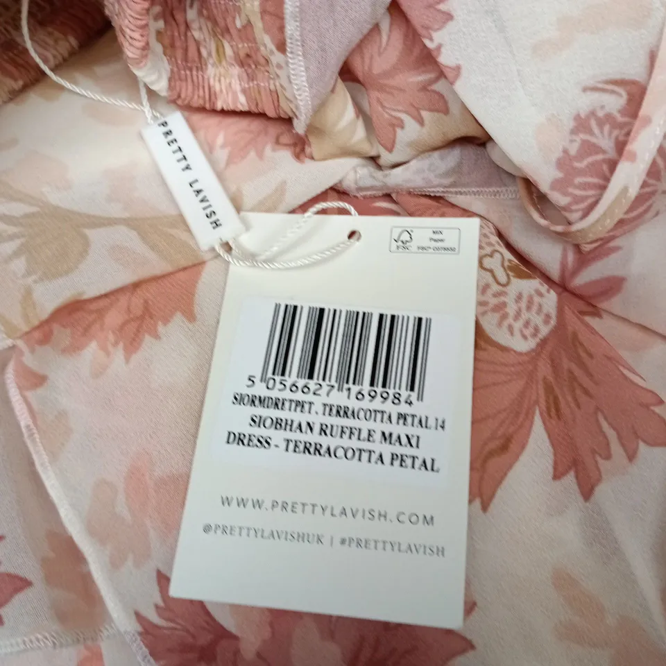 PRETTY LAVISH SIOBHAN RUFFLE MAXI DRESS – TERRACOTTA PETAL (HALTER NECK) - SIZE 14