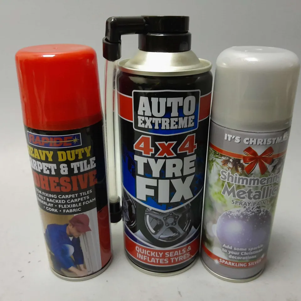 APPROXIMATELY 28 ASSORTED AEROSOLS TO INCLUDE ITS CHRISTMAS SHIMMERING METALLIC SPRAY PAINT, AUTO EXTREME 4x4 TYRE FIX, RAPIDE HEAVY DUTY CARPET & TILE ADHESIVE, ETC - COLLECTION ONLY