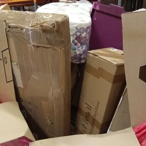 PALLET OF ASSORTED ITEMS INCLUDING: KITCHEN ROLL, PRINTER CARTRIDGES, BOXED FURNITURE ETC