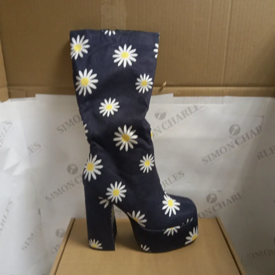 KOI VEGAN CRAZY DAISY NAVY BLUE PLATFORM LONG BOOTS - SIZE 6