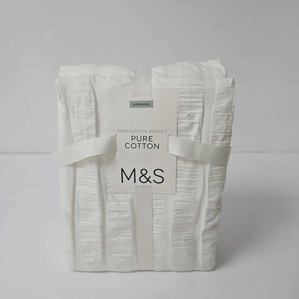 M&S PURE COTTON SEERSUCKER BEDSET – SUPER KING, WHITE