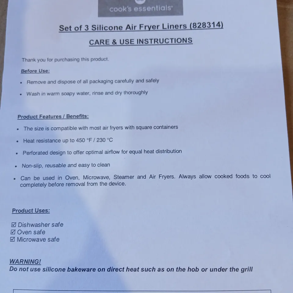 APPROXIMATELY 24 COOK'S ESSENTIALS SET OF 3 SILICONE AIR FRYER LINERS (828314)