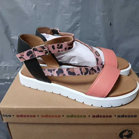 BOXED PAIR OF ADESSO ANIMAL PRINT STRAP SANDALS IN PINK/BROWN - SIZE 39