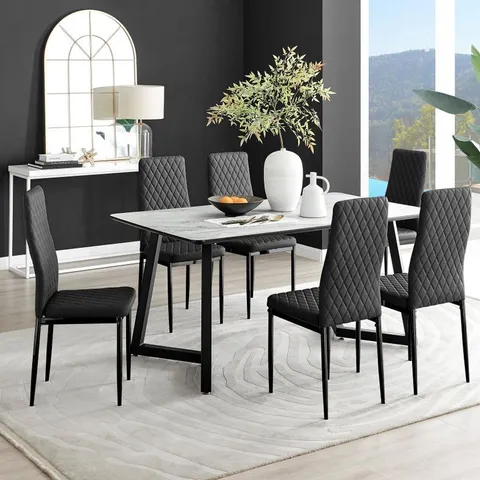 BOXED CARSON RECTANGULAR WHITE MARBLE EFFECT AND BLACK METAL 6 SEATER DINING TABLE (2 BOXES)