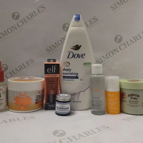 box of approx 10 ASSORTED BEAUTY PRODUCTS TO INCLUDE DOVE BODY WASH, E.L.F POWER GRIP PRIMER, PAULA'S CHOICE SUPER BOOST EYECREAM, ETC