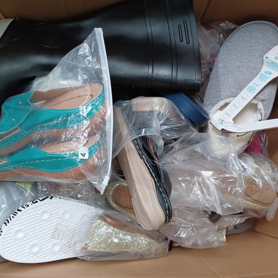 BOX OF APPROX 18 ASSORTED SHOES TO INCLUDE - SAFE MASTER BLACK WELLIES - ADIDAS BLUE SLIDERS - M&S PINK HEELED SANDAL ECT