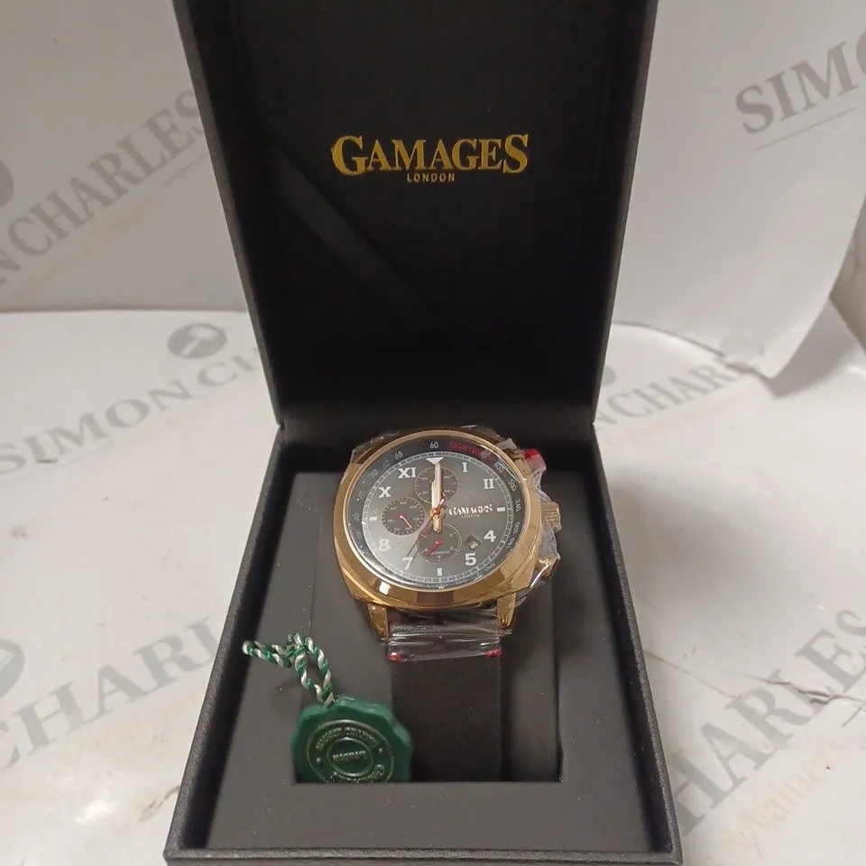 BOXED GAMAGES LONDON APEX ROSE GOLD BLACK DIAL CHRONOGRAPH MOVEMENT WATCH 